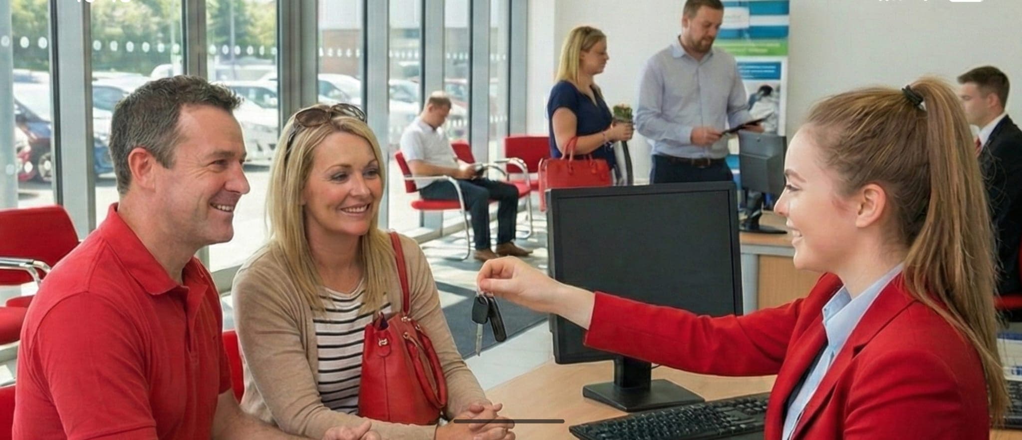 Customer collecting car hire keys at a UK airport rental desk from 1st UK Car Rentals Customer collecting car hire keys at a UK airport rental desk from 1st UK Car Rentals